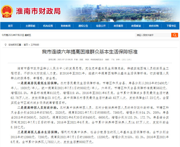 淮南市連續(xù)六年提高困難群眾基本生活保障標準